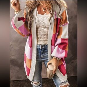 Luxe Color Block Open Front Long Sleeve Knit Sweater Cardigan